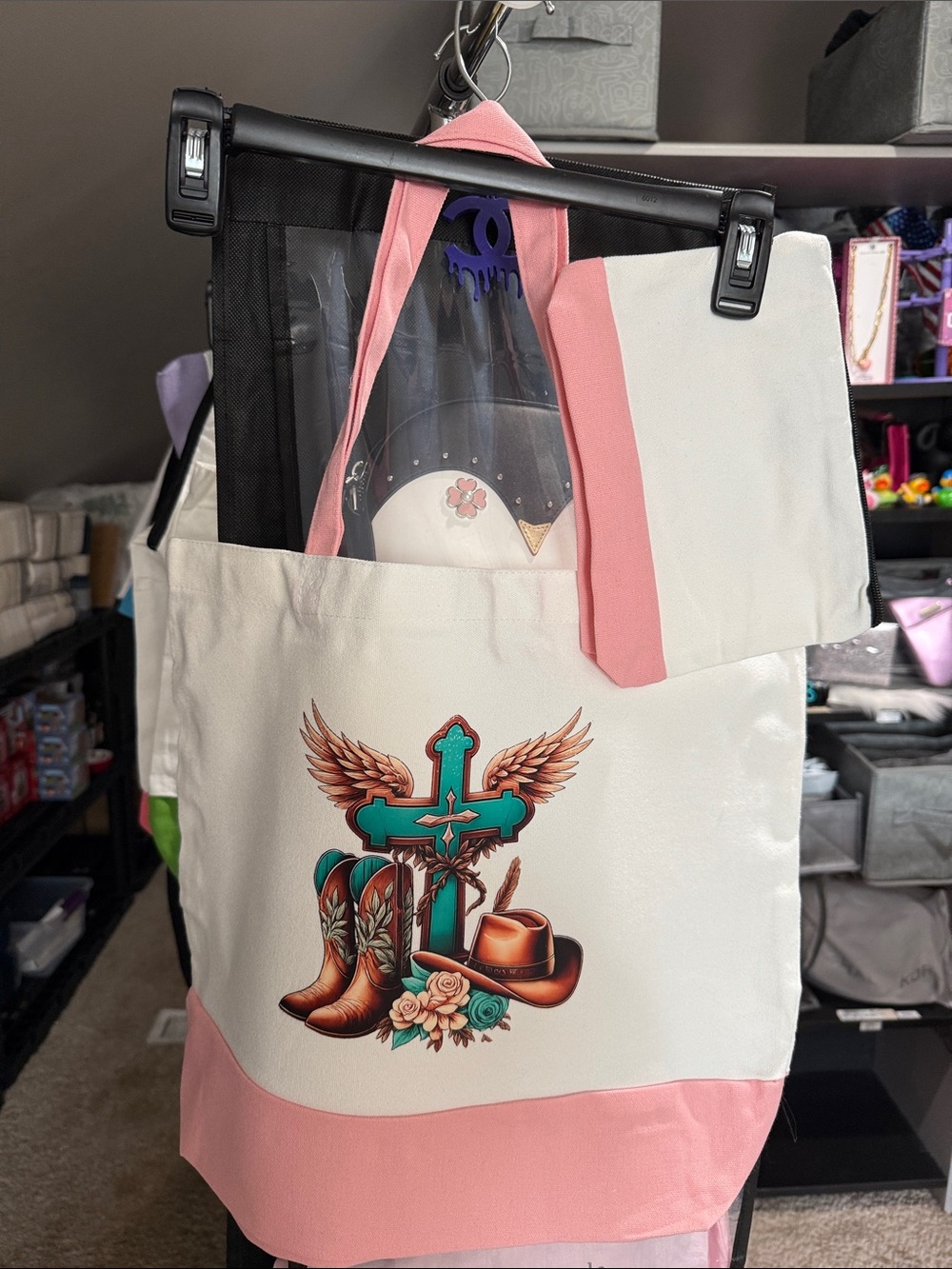 Canvas Western Cross Tote Bag with Pink Trim